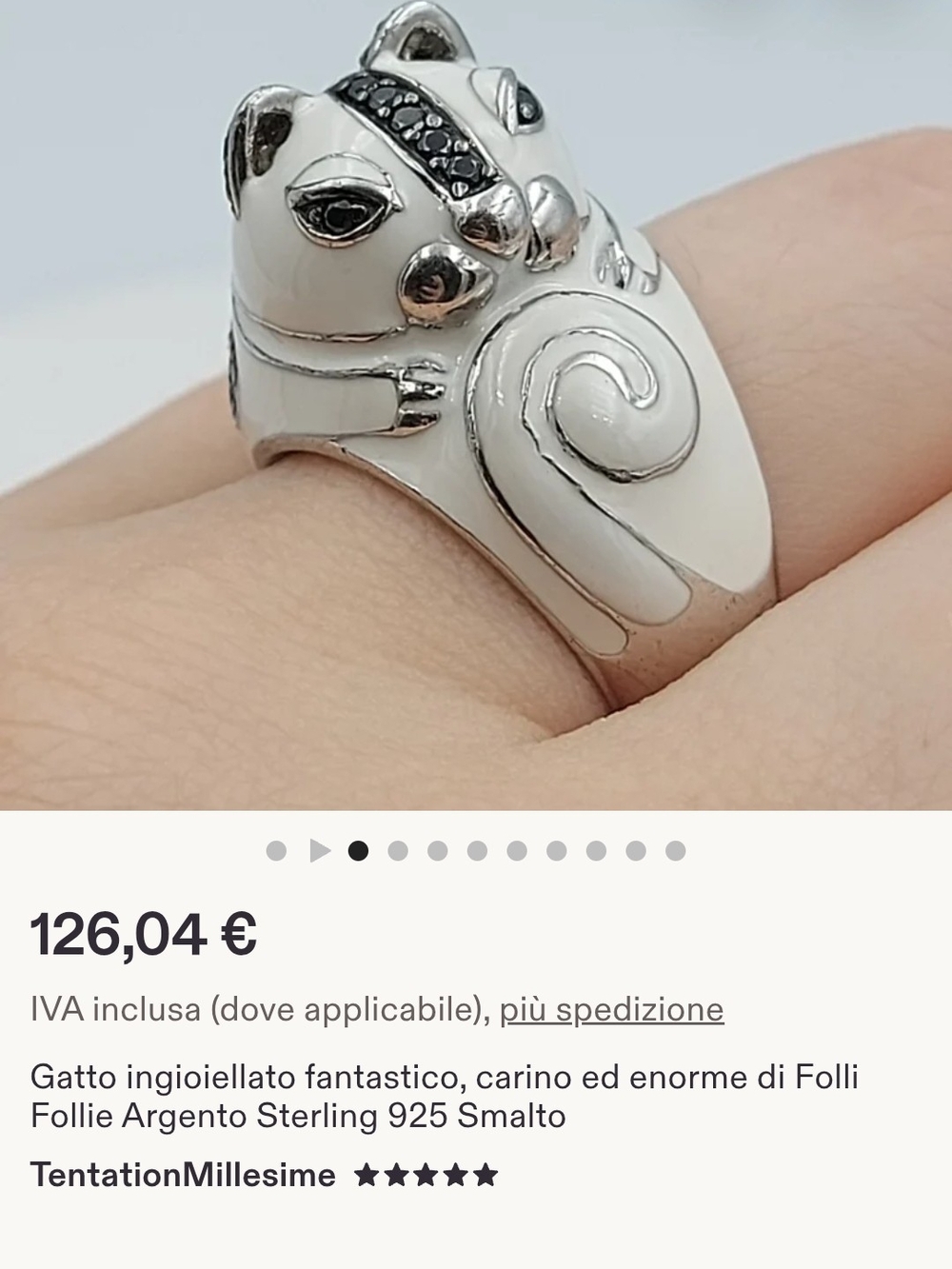 Folli Follie White Cat Enamel 925 Silver Ring with Black Stones